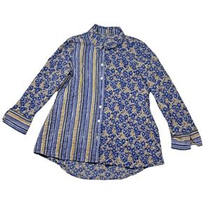 Habitat Button Up Top Women's Small Blue Yellow Striped Floral Crinkle Lagenlook